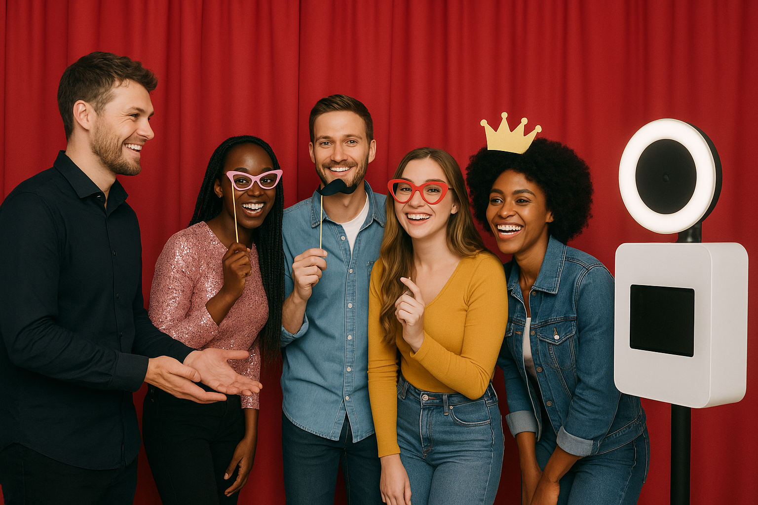 Animadores y dinamización: el plus humano del fotomatón – Body – grupo diverso de personas posando con accesorios en fotomatón animados por